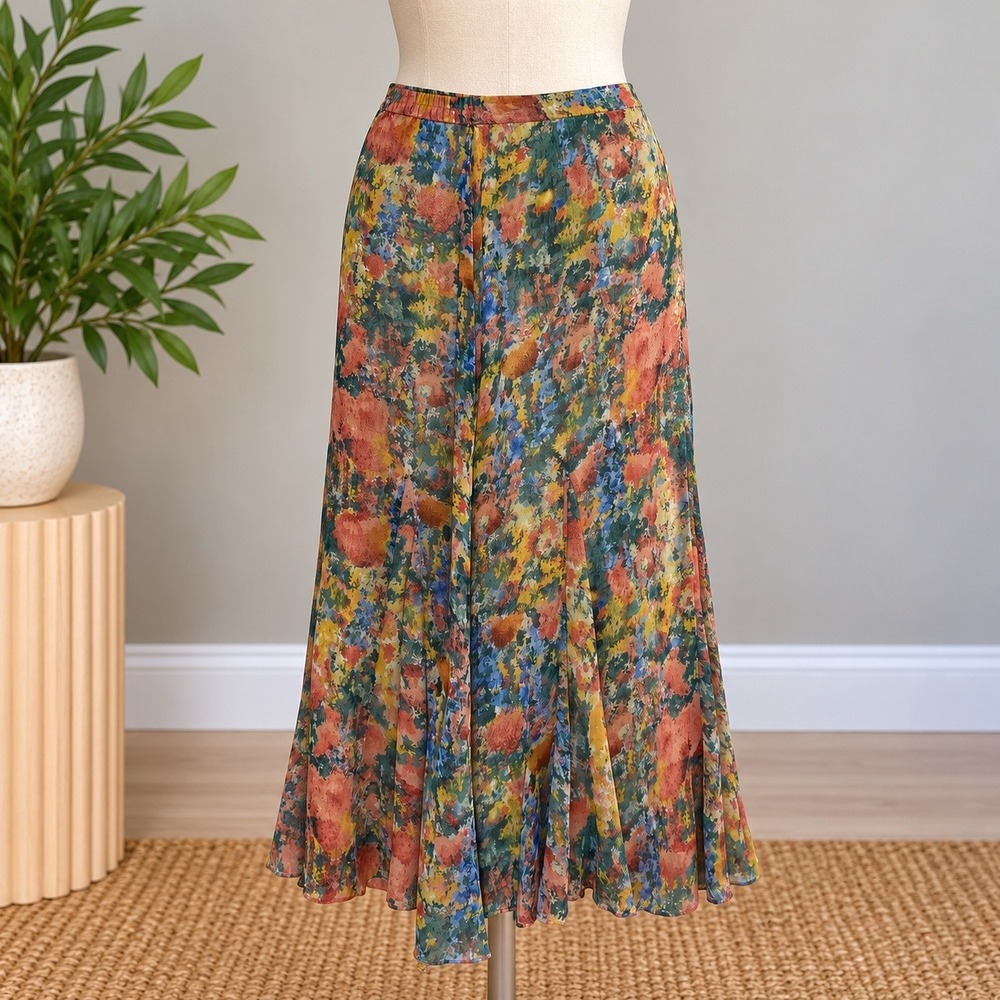 Coldwater Creek Skirt Orange Blue Floral Impressionist Elastic Waist Midi Sz S